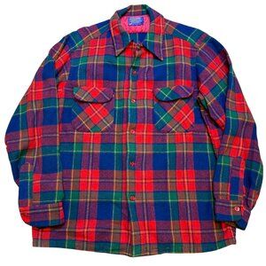 Vintage 60's Pendleton Board Shirt 100% Wool Loop Collar Red Plaid Large